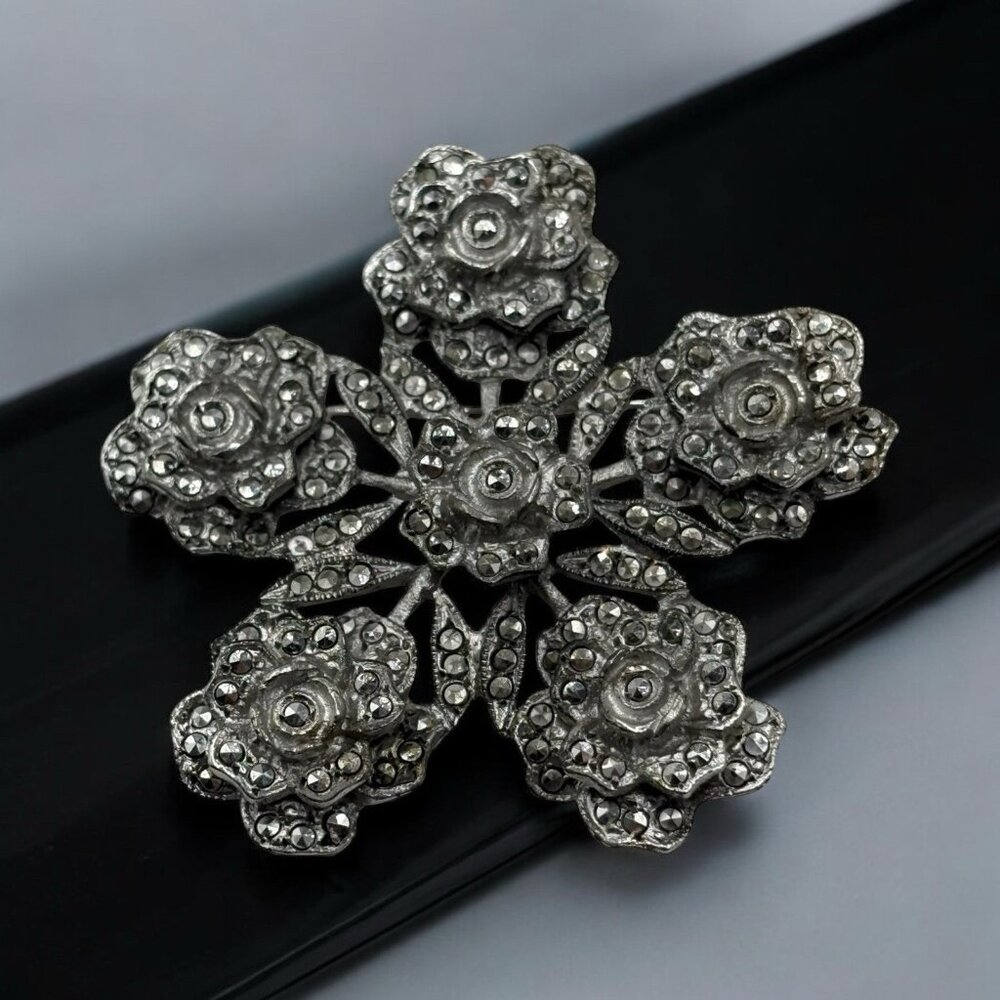 Antique Art Deco 1920's Sterling Silver 925 Open Flower Marcasite Pin Brooch VTG